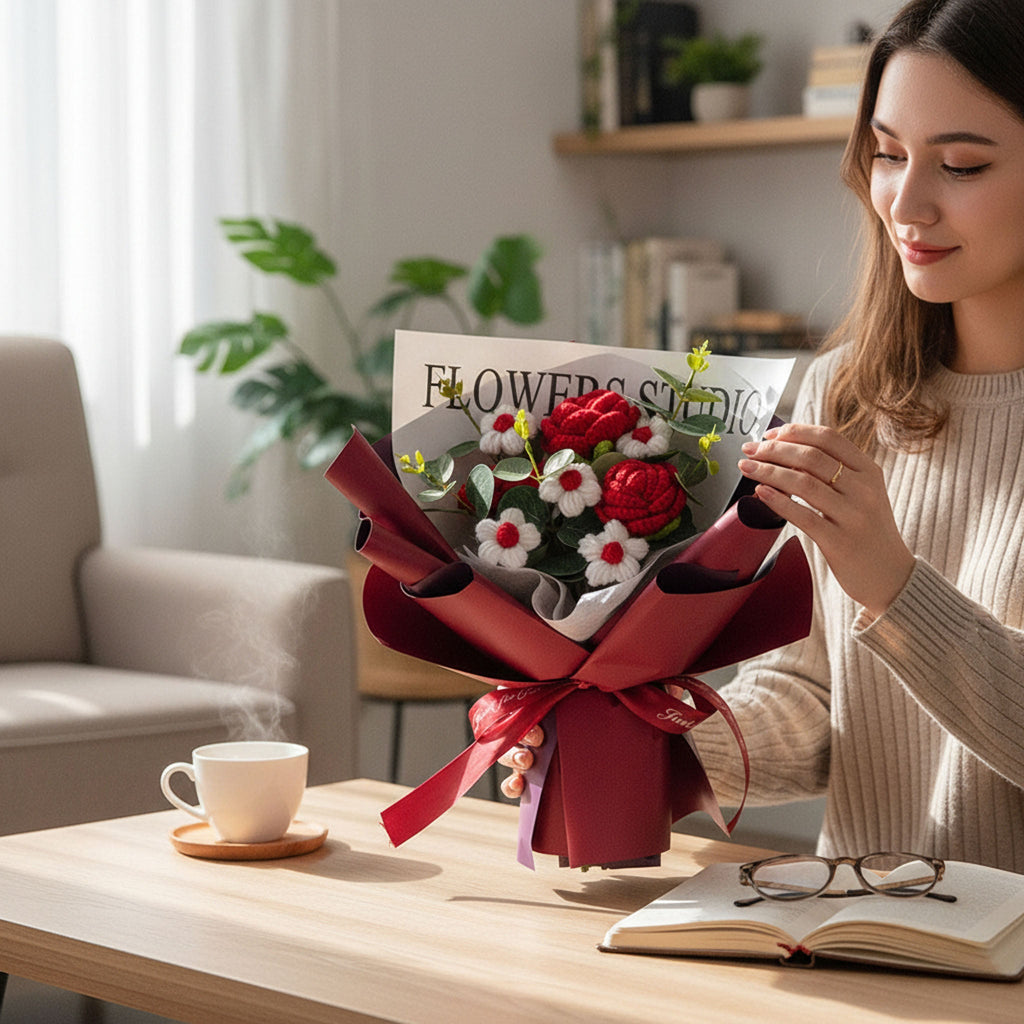 Crochet Rose Bouquet with LED Light Mother's Day Gift for Mom
